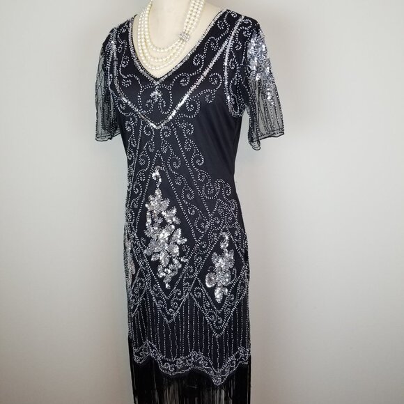 Classic 1920's Style Black Organza Beaded Flapper Style Dress NEW w/Tags Large - Picture 4 of 12